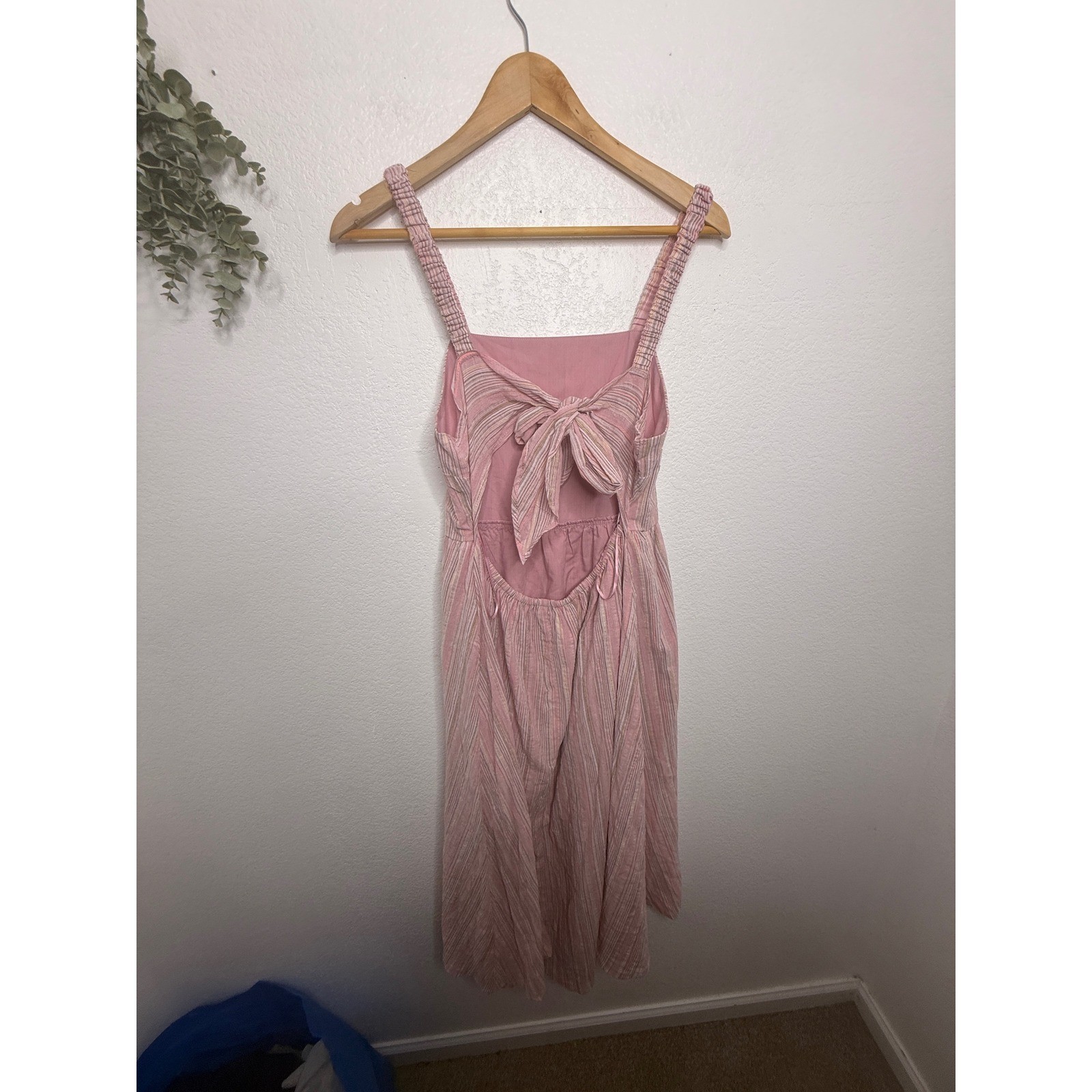 Maurices Womens Pink Striped Tie Back Square Neck Midi Dress Size L Shimmer NWT
