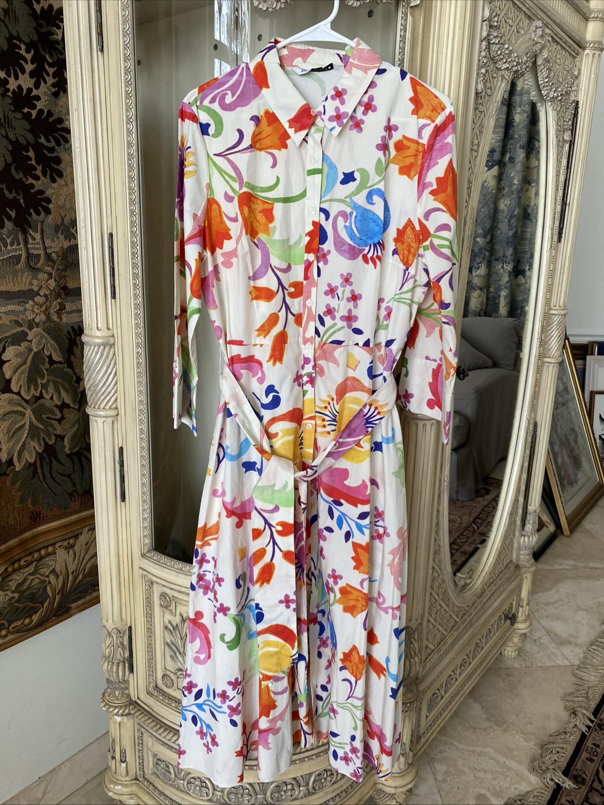 ZARA OFF WHITE MULTI Colored FLORAL PRINT Long Cotton SHIRT DRESS SZ XL Belted