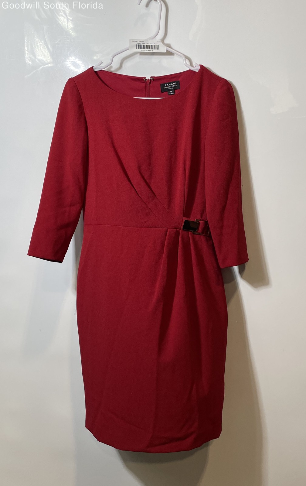 Tahari Womens Red 3/4 Sleeve Round Neck Regular Fit Pleated Sheath Dress Size 4P