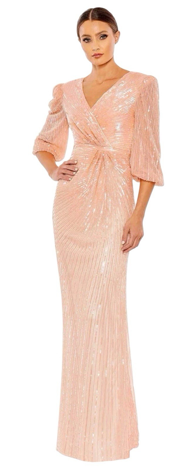 Mac Duggal 5614 Peach Sequin Faux Wrap Column Gown Size 6 $598
