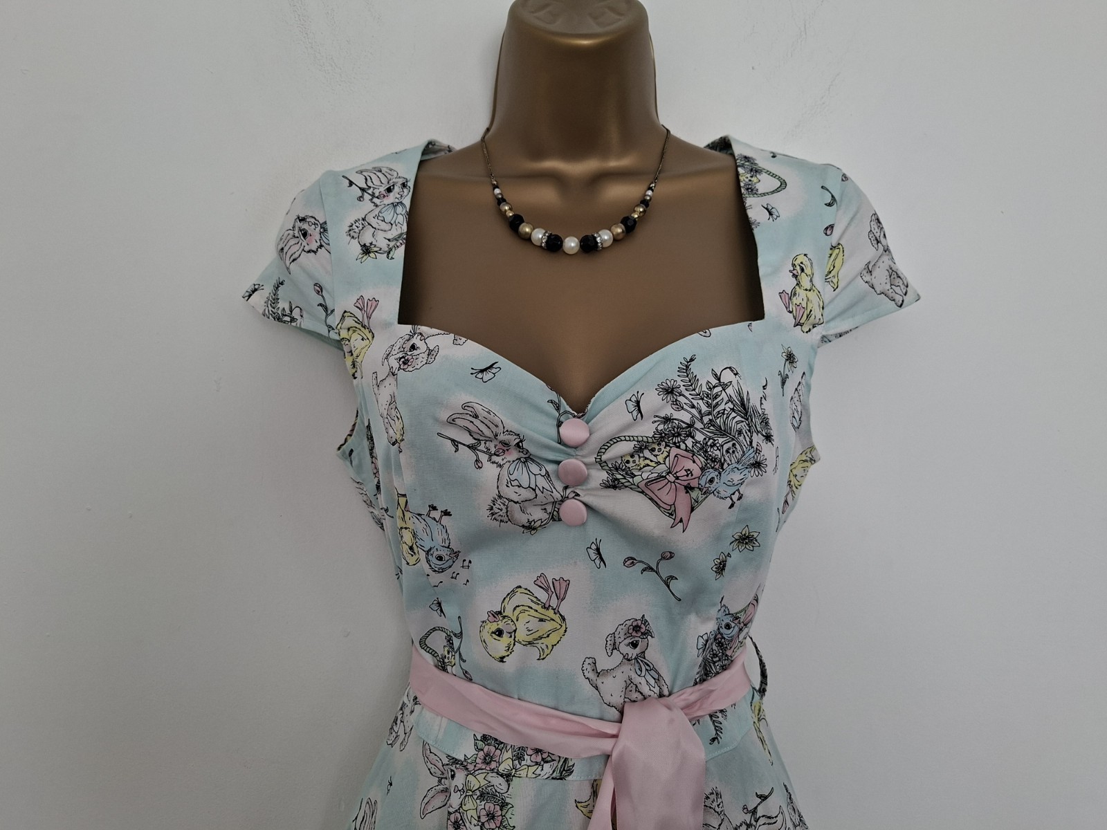 Hell Bunny Light Blue Ducks, Rabbits Lambs Floral Summer Dress Size Small UK 10