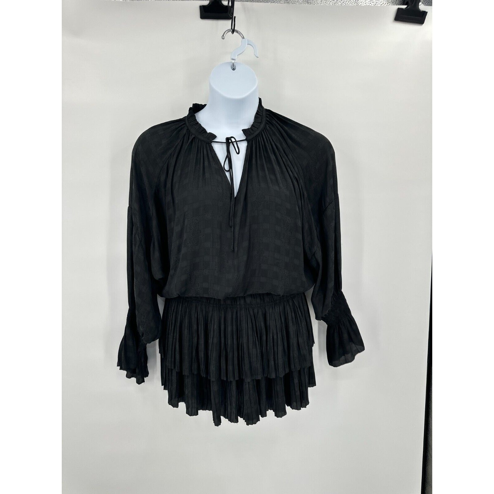 Current Air Jacquard Mini Dress Medium Tie Neck Pleated Whimsy Layered Fairygoth