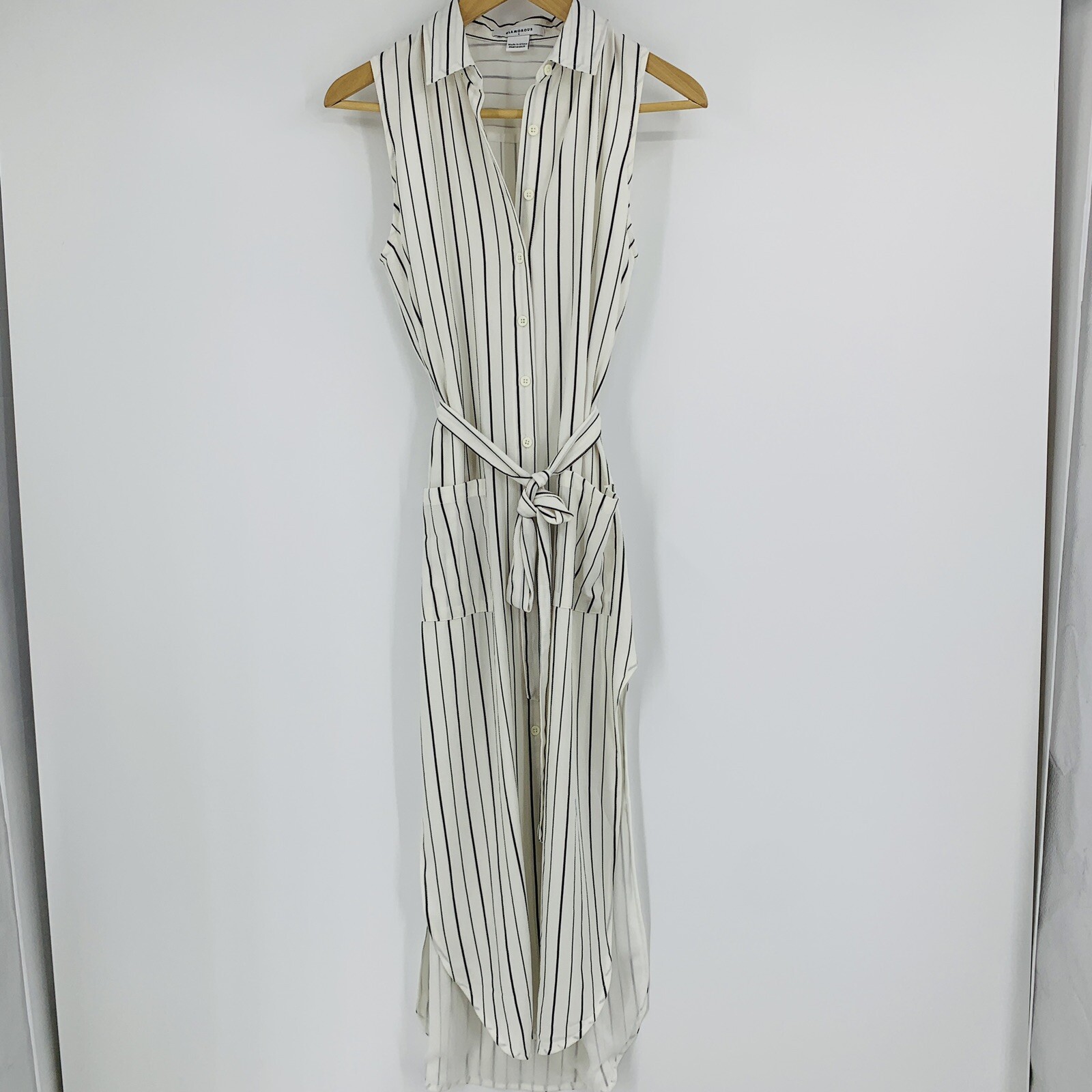 Glamorous Dress Small 9268 Shirt Belt Slits White Midi Collar Sleeveless New