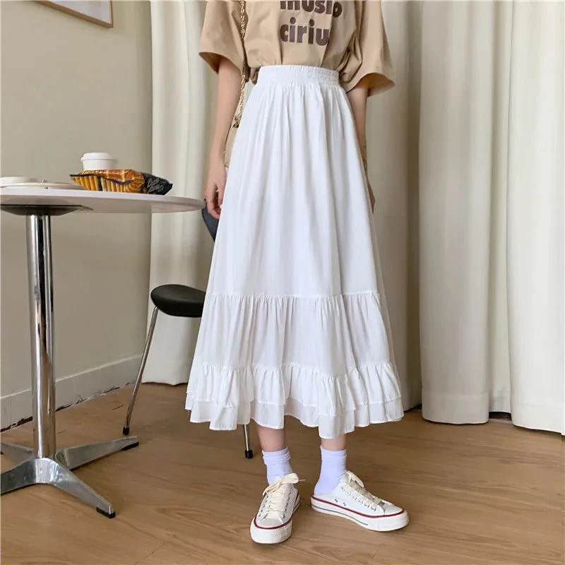 2025 Summer New Two-Tier Ruffle Cake Skirt Fairycore High Waist Women’s Midi Sk