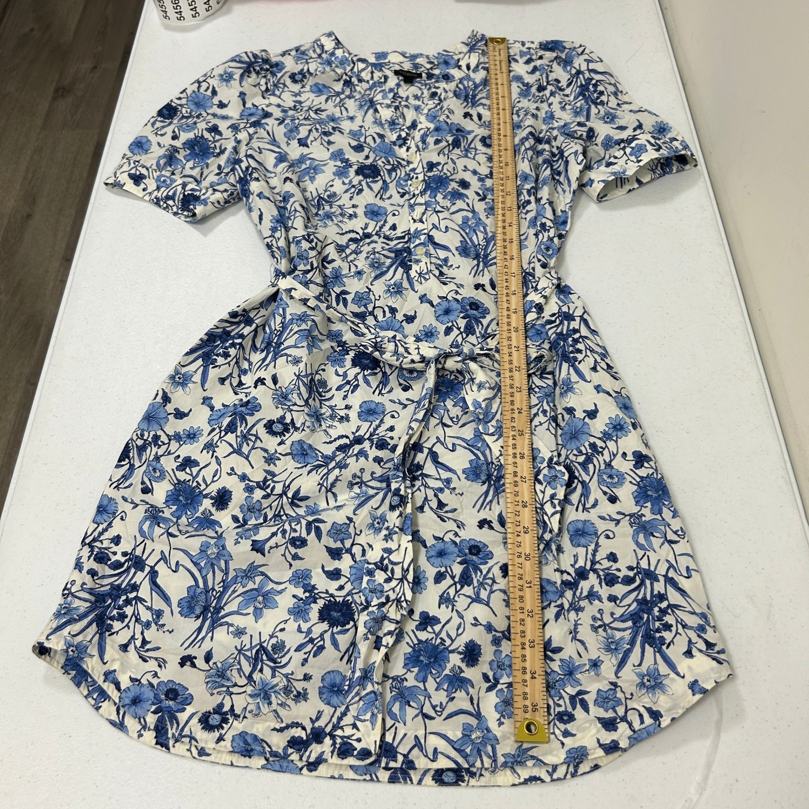 Talbots Womens Blue White Floral Button Front Tie Waist Shirt Dress Pockets L