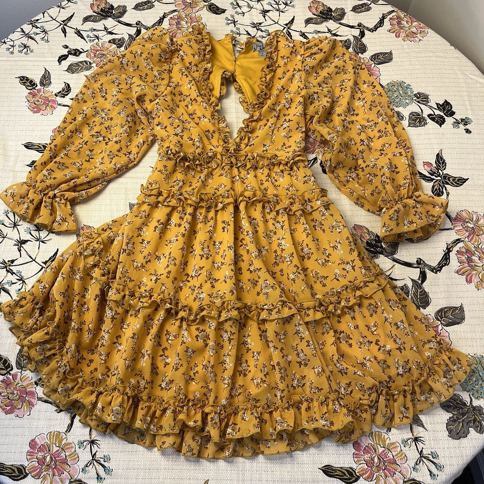 J for Justify Mini Dress SZ S Yellow Floral Plunge Neck Long Sleeve Cutout Back