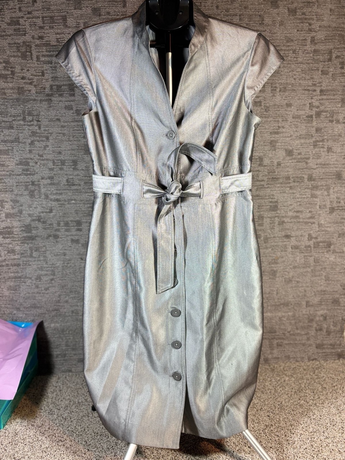 Calvin Klein Metallic Gray Button-Front Sheath Dress with Belt, Size 12