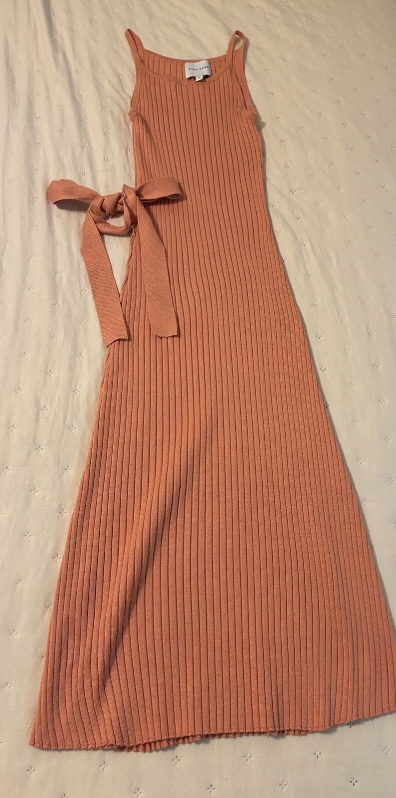 Pink Rose Pink Ribbed Knit Maxi Dress Scoop Neck Tie Waist Stretch Size XS