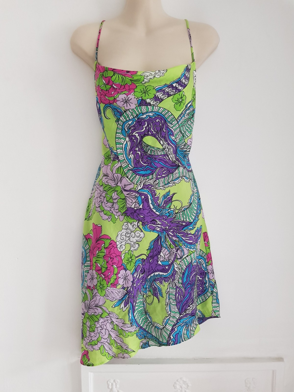 Bershka Green & Purple Floral Dragon Dress, Size M UK 10 Cowl Neck Asymmetric