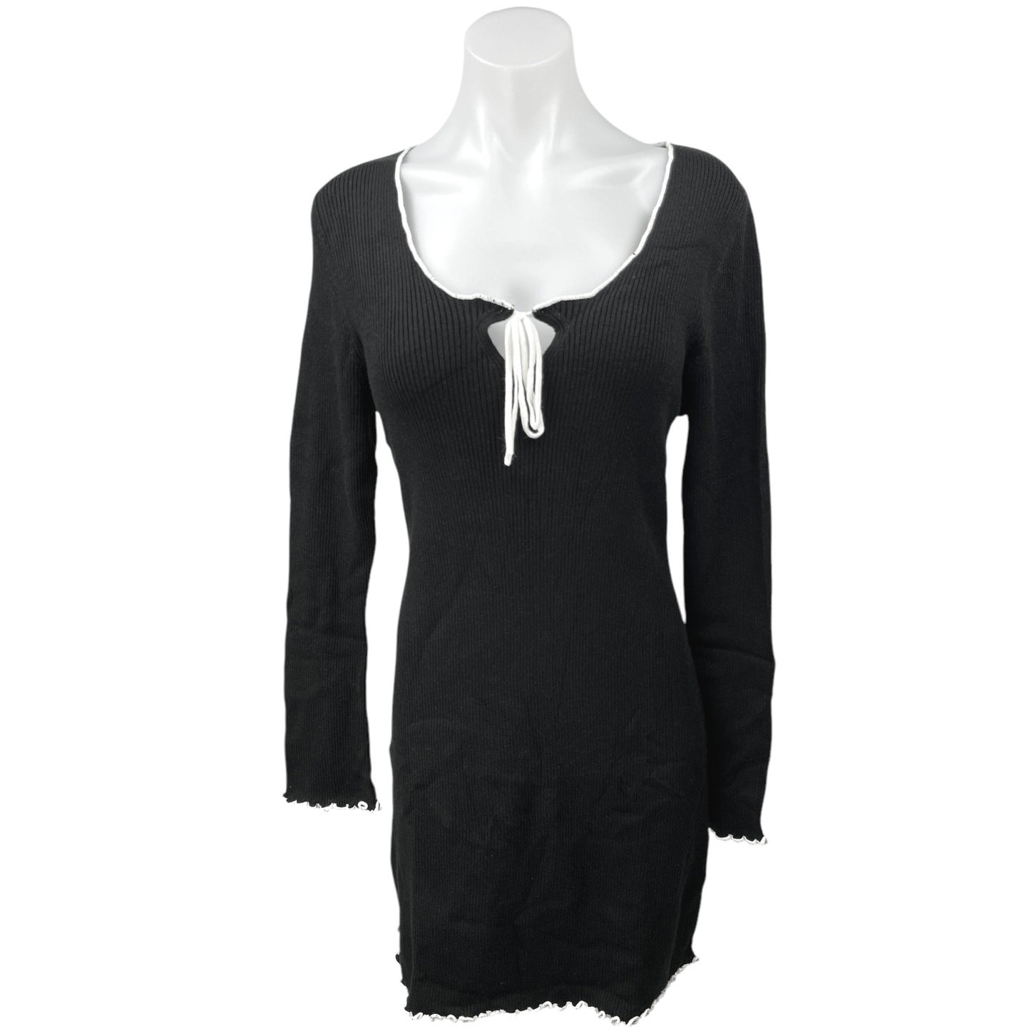 Miss Selfridge Black Ribbed Knit Scoop Long Sleeve Mini Bodycon Sweater Dress 14