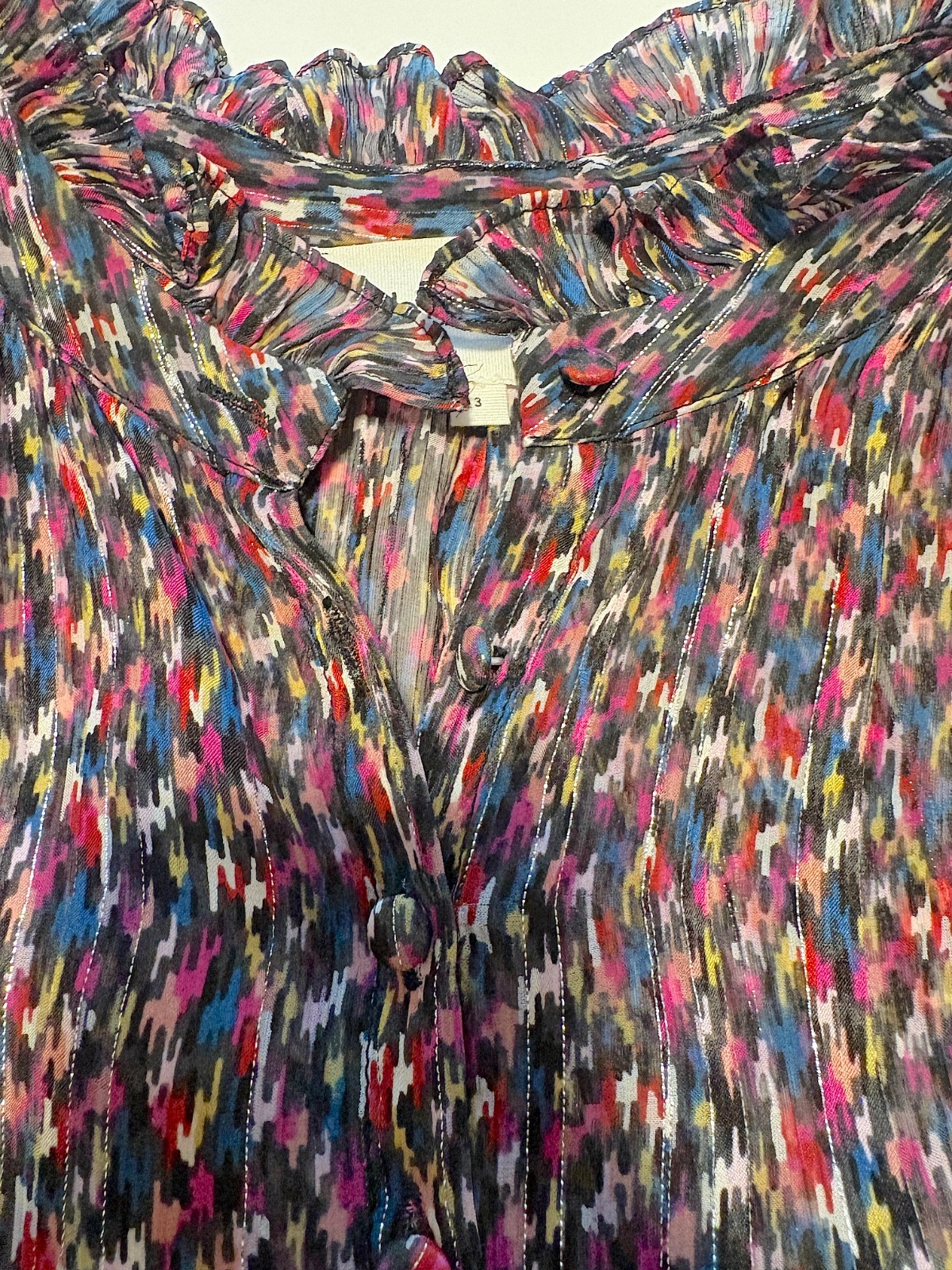 Ba&sh mini dress ikat print ruffles silk blend long sleeve size 3 US 10 Paris