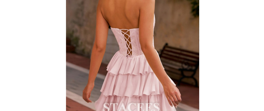 Stacee’s Elegant Dress. Strapless bodice adorned with dazzling rhinestone