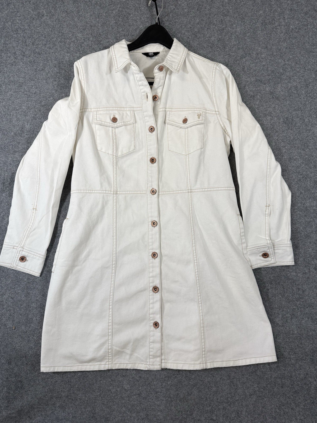 Frye Denim Mini Dress Womens L Ivory Long Sleeve Button Front Pockets NWOT