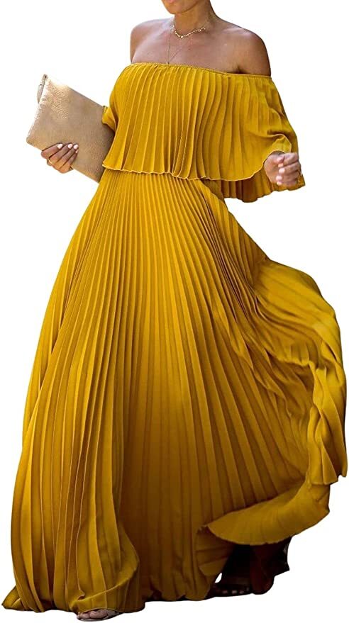 Women’s Chiffon Off Shoulder Pleated Maxi Dress Party Beach Flowy Ruffle Tube