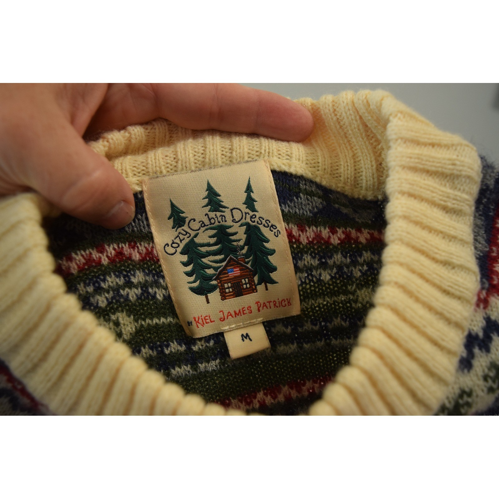 Kiel James Patrick Cozy Cabin Sweater Dress Medium Cream Fair Isle Moose