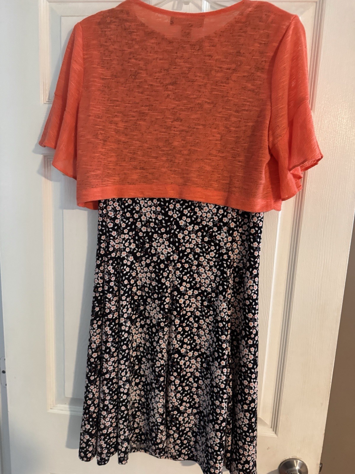Perceptions Petite PL Black Pink Floral Knee Dress w Orange Shrug