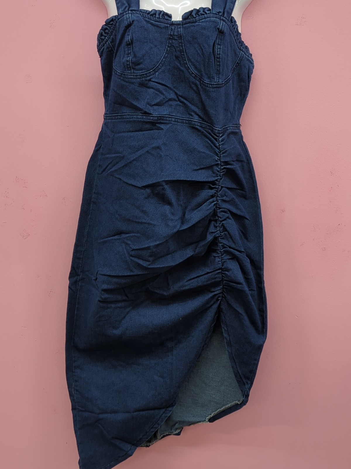 Shein Cinched Waist With Ruffled Edges Denim Women’s Dress Medium Dark Blue