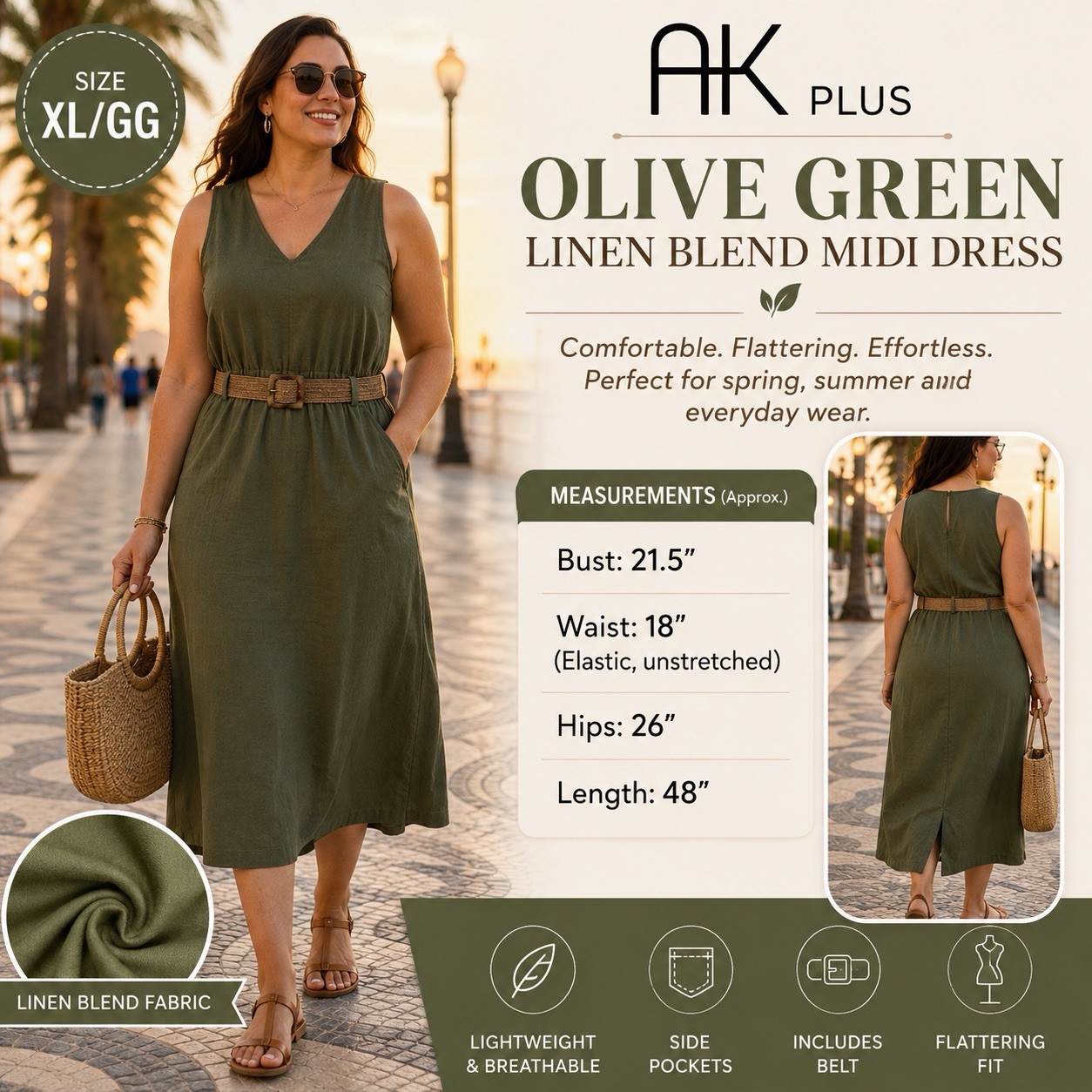 AK Plus Size Olive Green Linen Blend Midi Dress Belted Pockets Size XL/GG