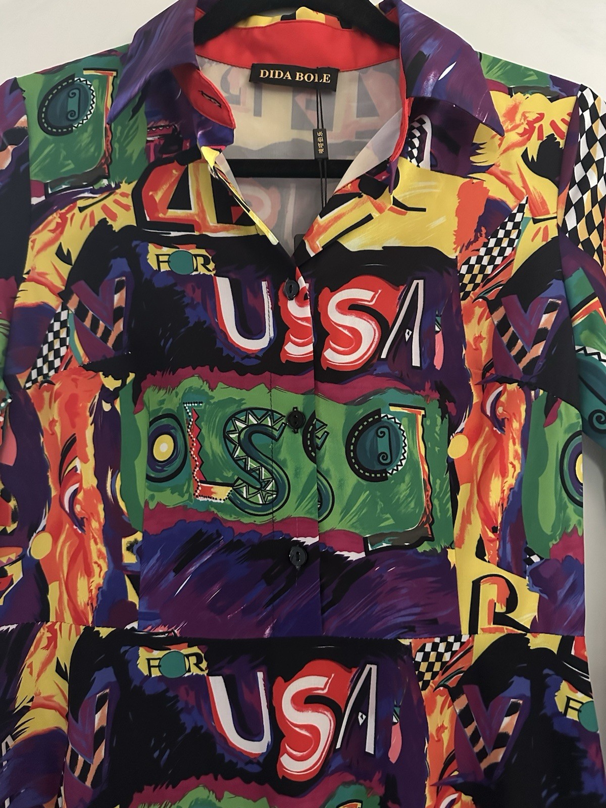 Dida Bole Pop Art Graphic Dress USA Print Retro 90s Y2K Shirt Dress S 6