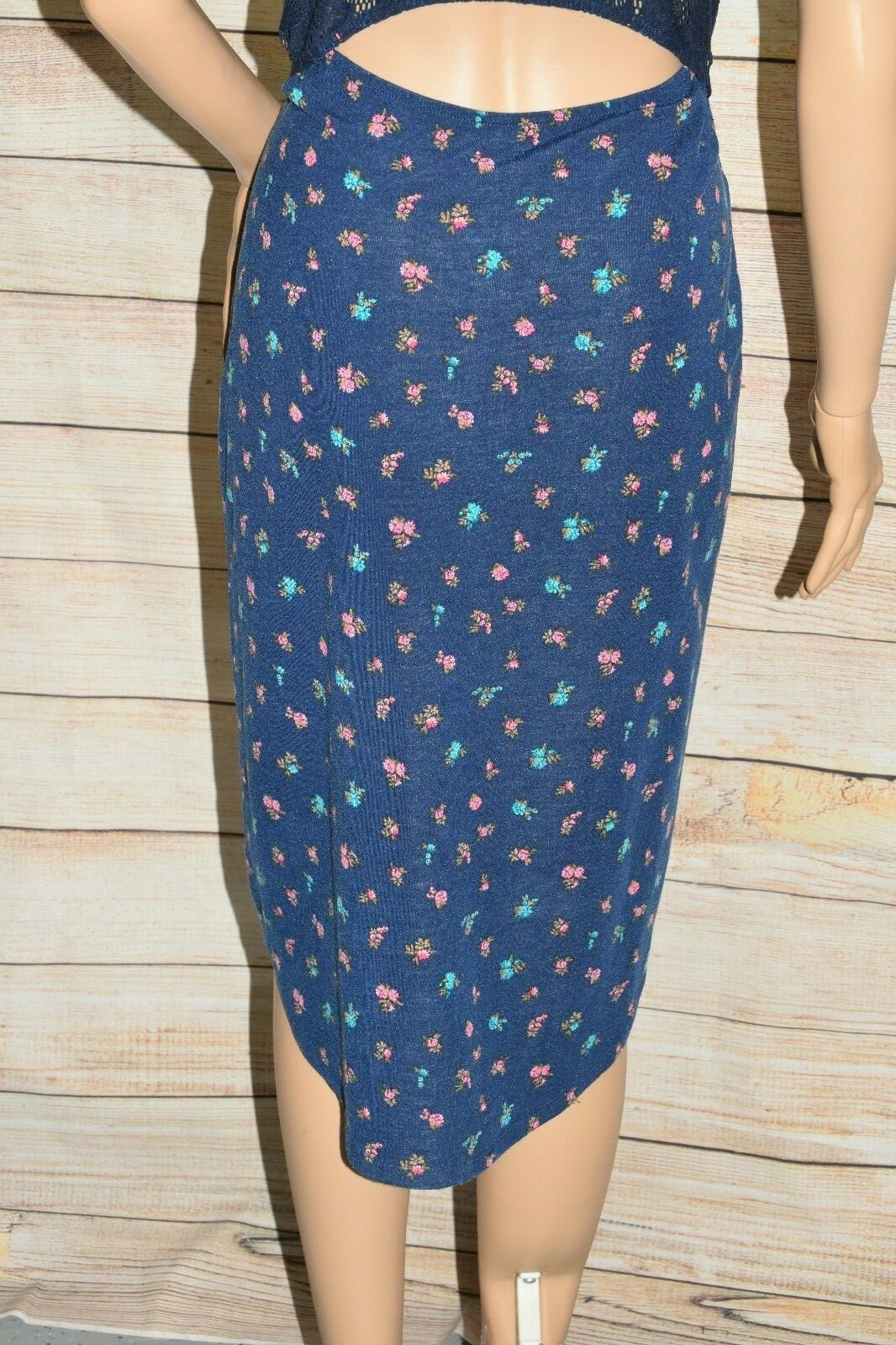 NWT BONGO M NAVY BLUE FLORAL LACE OPEN BACK CUT OUT HIGH NECK STRETCH TANK DRESS