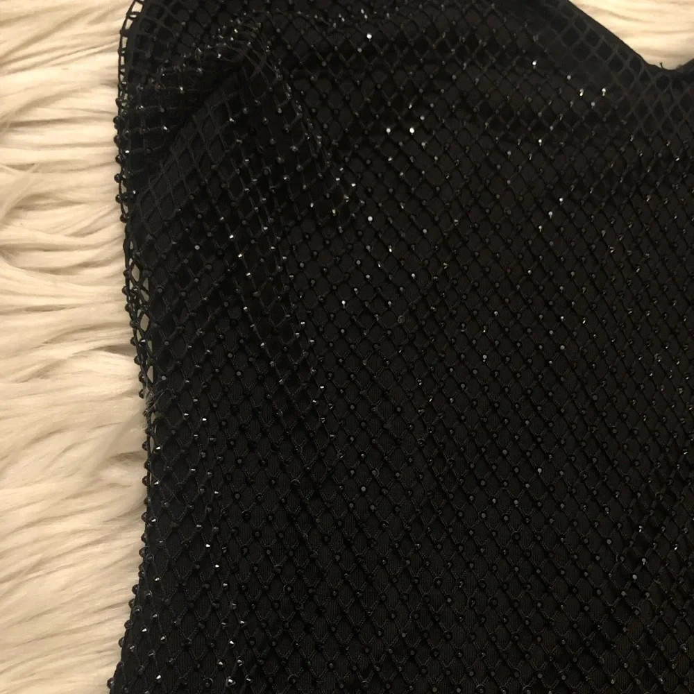 Windsor Good Vibes Fishnet Rhinestone Open Back Black Midi Dress L NWT