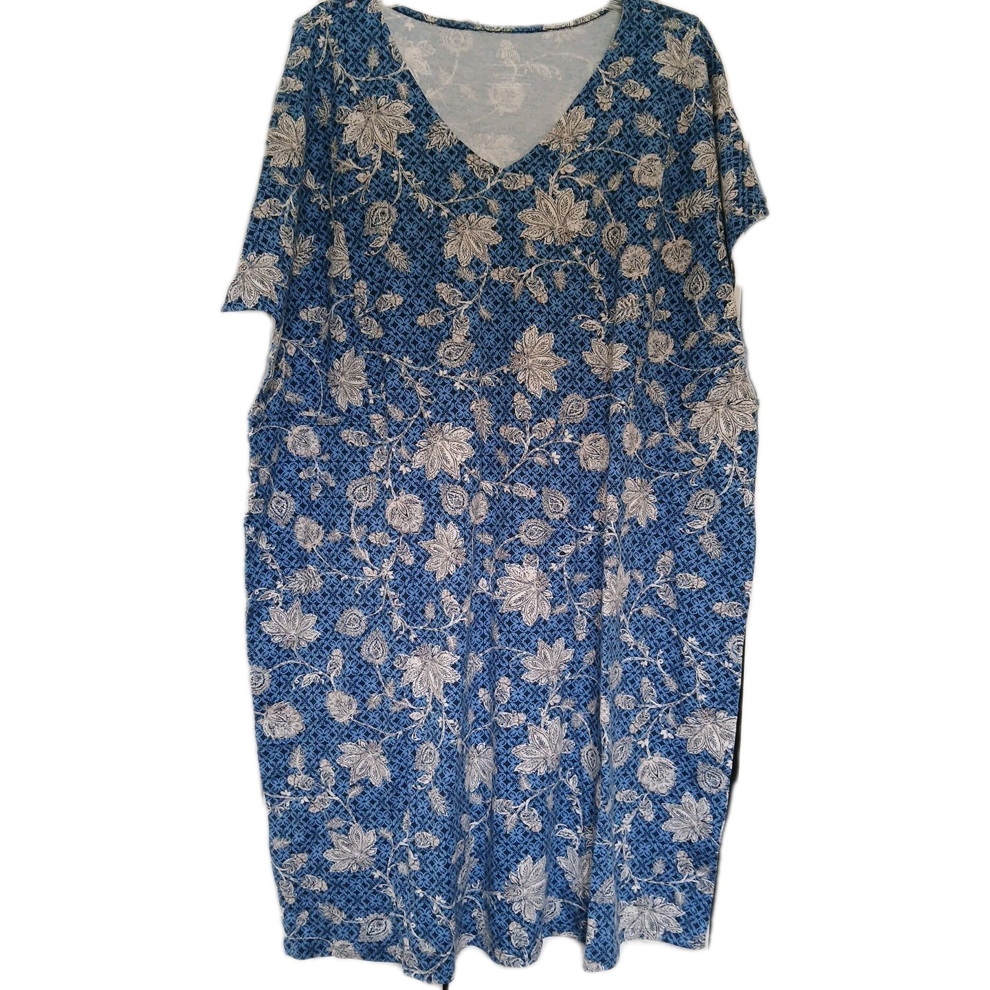 Pure Jill T-Shirt Dress Sz 2XL Plus 100% Organic Cotton V-Neck Soft Floral Blue