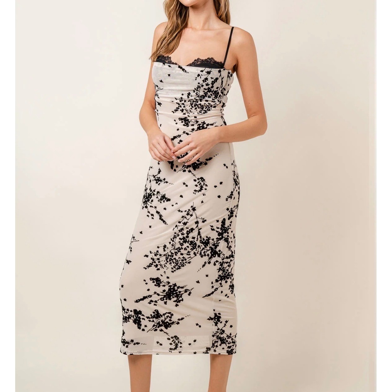 FORE Floral Velvet Mesh Cowl Neck Midi Bodycon Dress Womens Small Cream Black