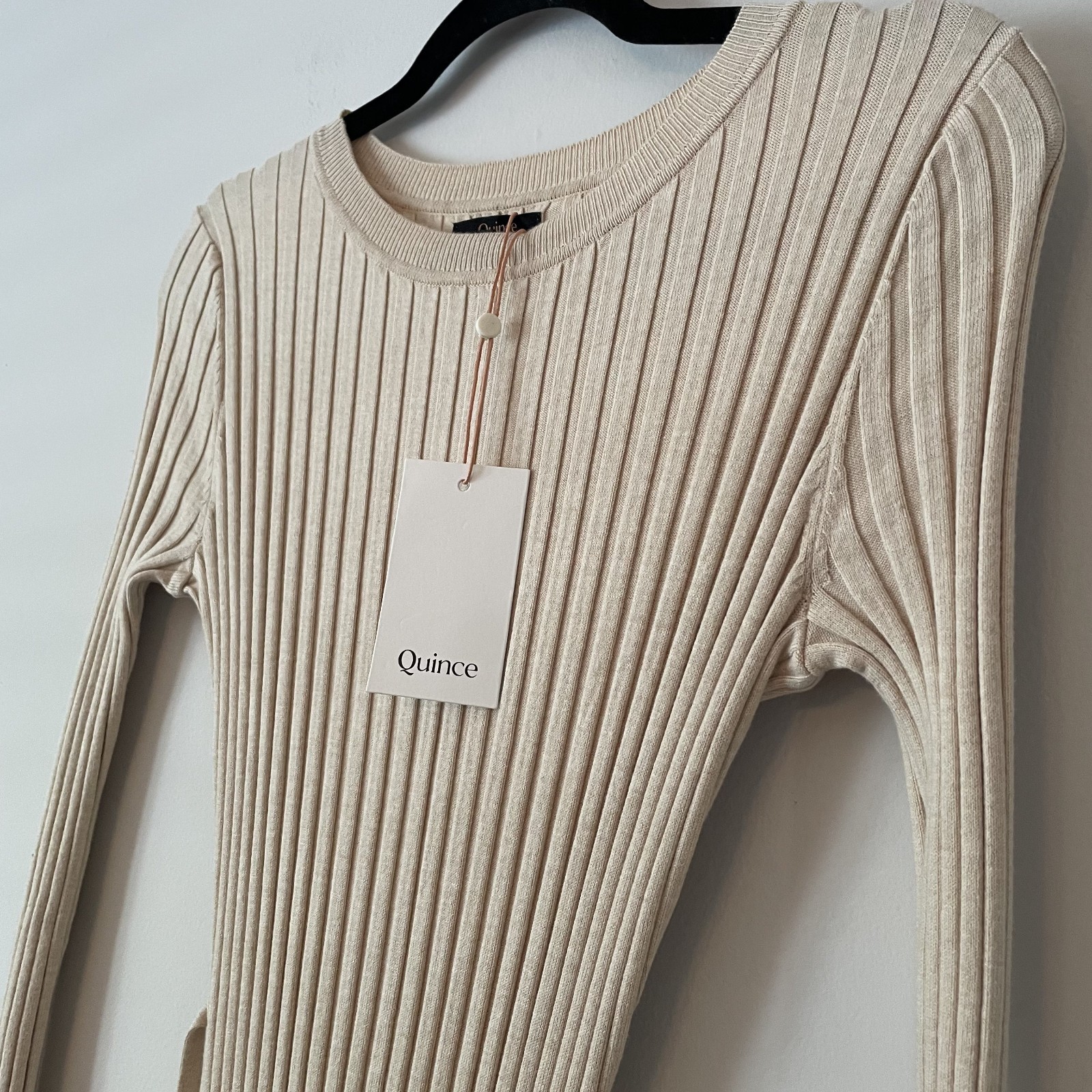 NWT Quince Cotton Cashmere Ribbed Long Sleeve Crew Midi Dress Heather Oatmeal XS