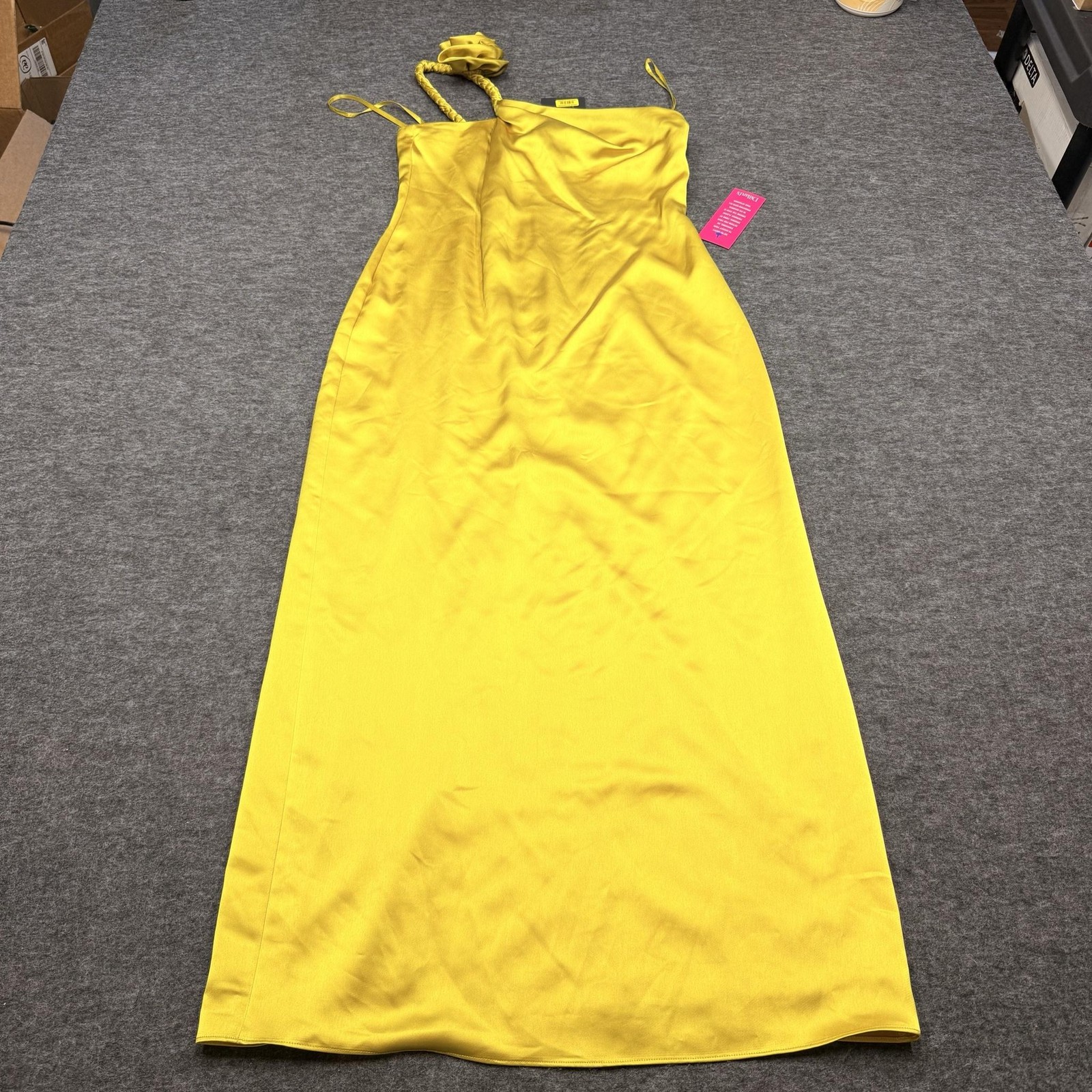Muse By Marchesa Slip Dress Womens 14 Yellow Satin One Shoulder Ruffle Maxi