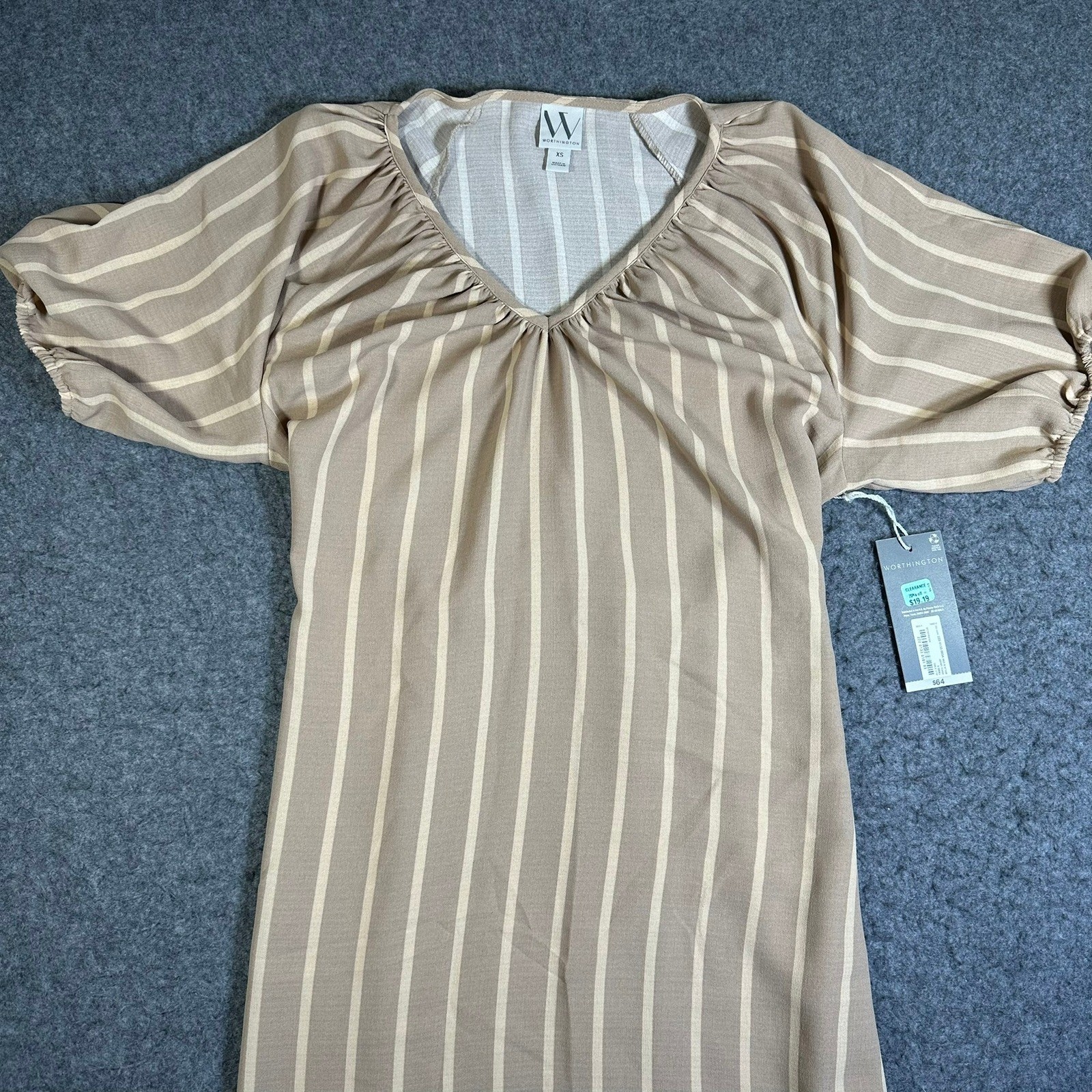 Worthington Womens XS Tan Striped V-Neck Puff Sleeve Tie-Waist Dress NWT