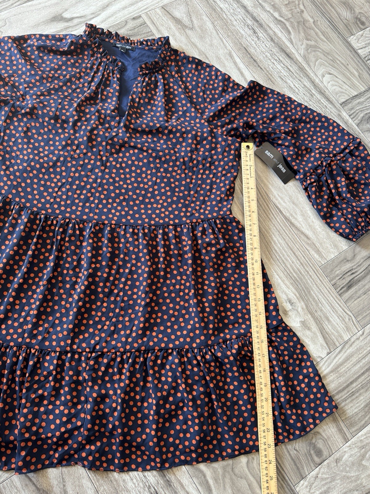 Sam & Jess Women’s Size L Navy and Rust Ball Print Chiffon Babydoll Dress