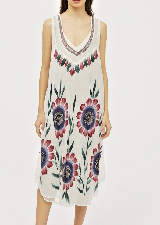 Jessica Taylor Dress High/Low One Size White W/Floral Print 100% Rayon Boho