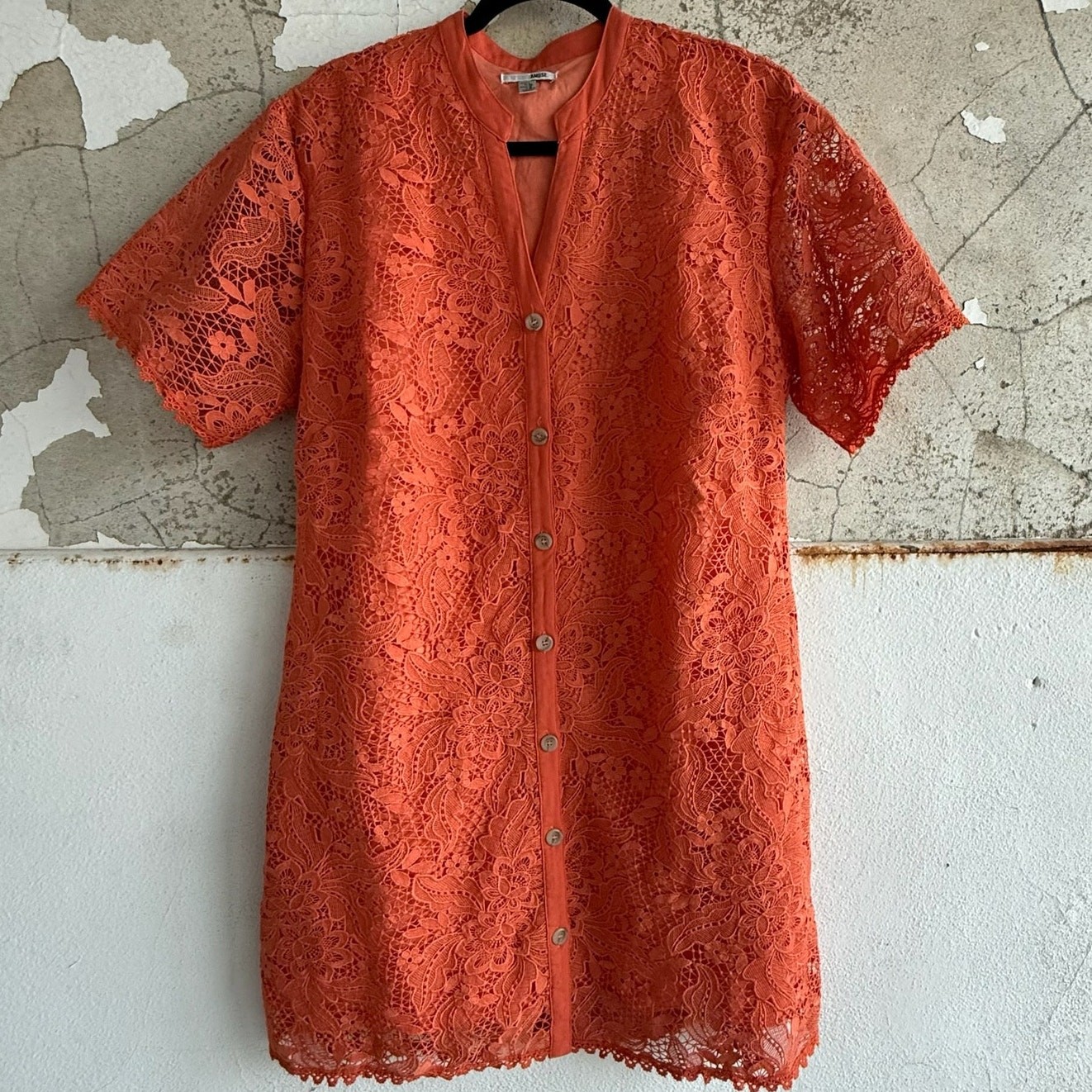 Amuse Society Shirt Dress Lace Button Front Short Sleeve Mini Modern Retro Large