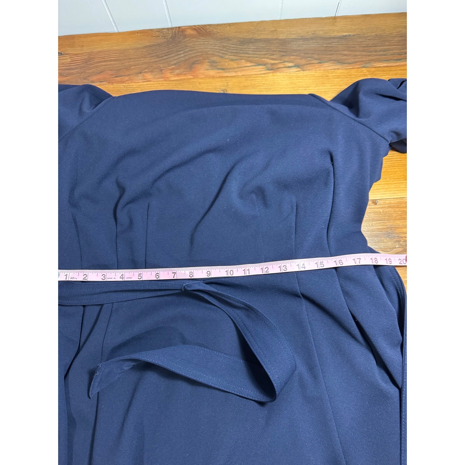 Calvin Klein Navy Puff Sleeve Belt Tie Waist Midi Dress Size 14W Altered Hem