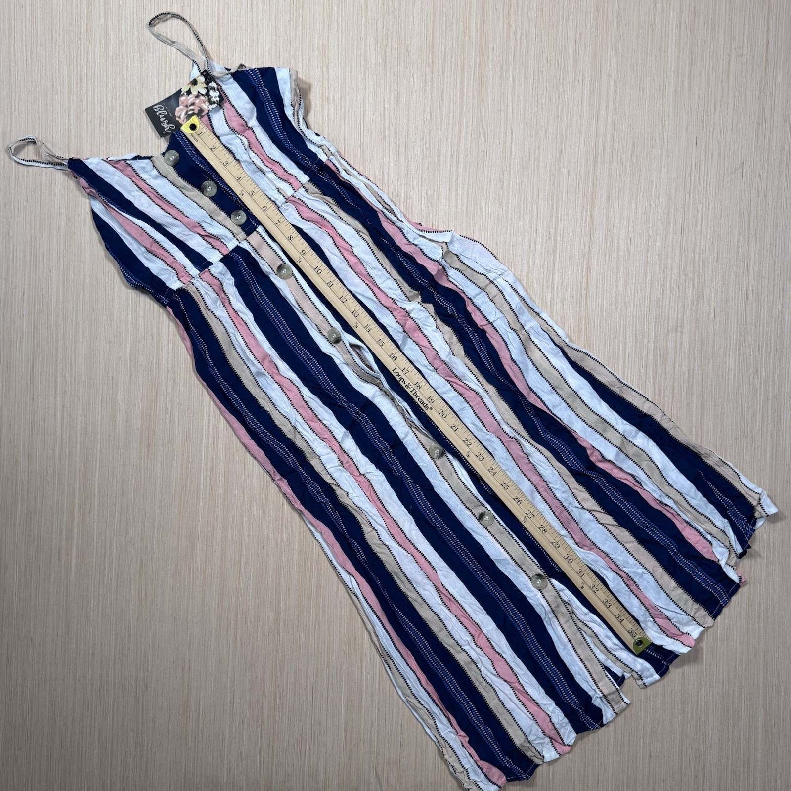 Blush Striped Button Front Sleeveless Midi Sundress Navy Pink White Beige Size M