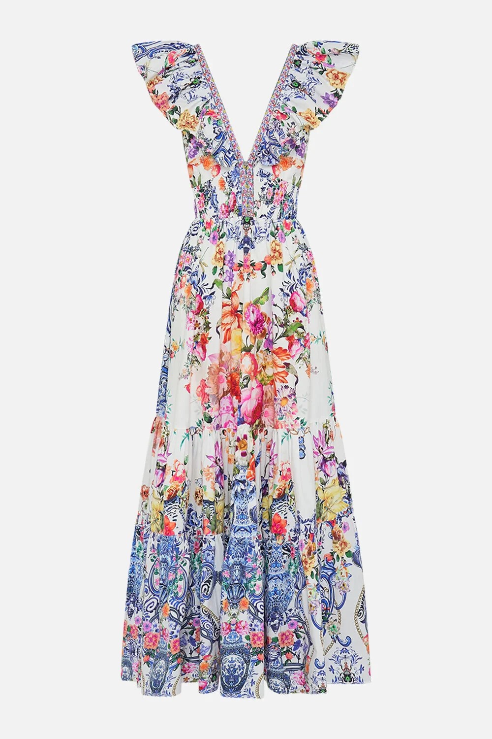CAMILLA “Dutch Is Life” Tiered Frill Cotton V-Neck Open Back Maxi Dress, L $899
