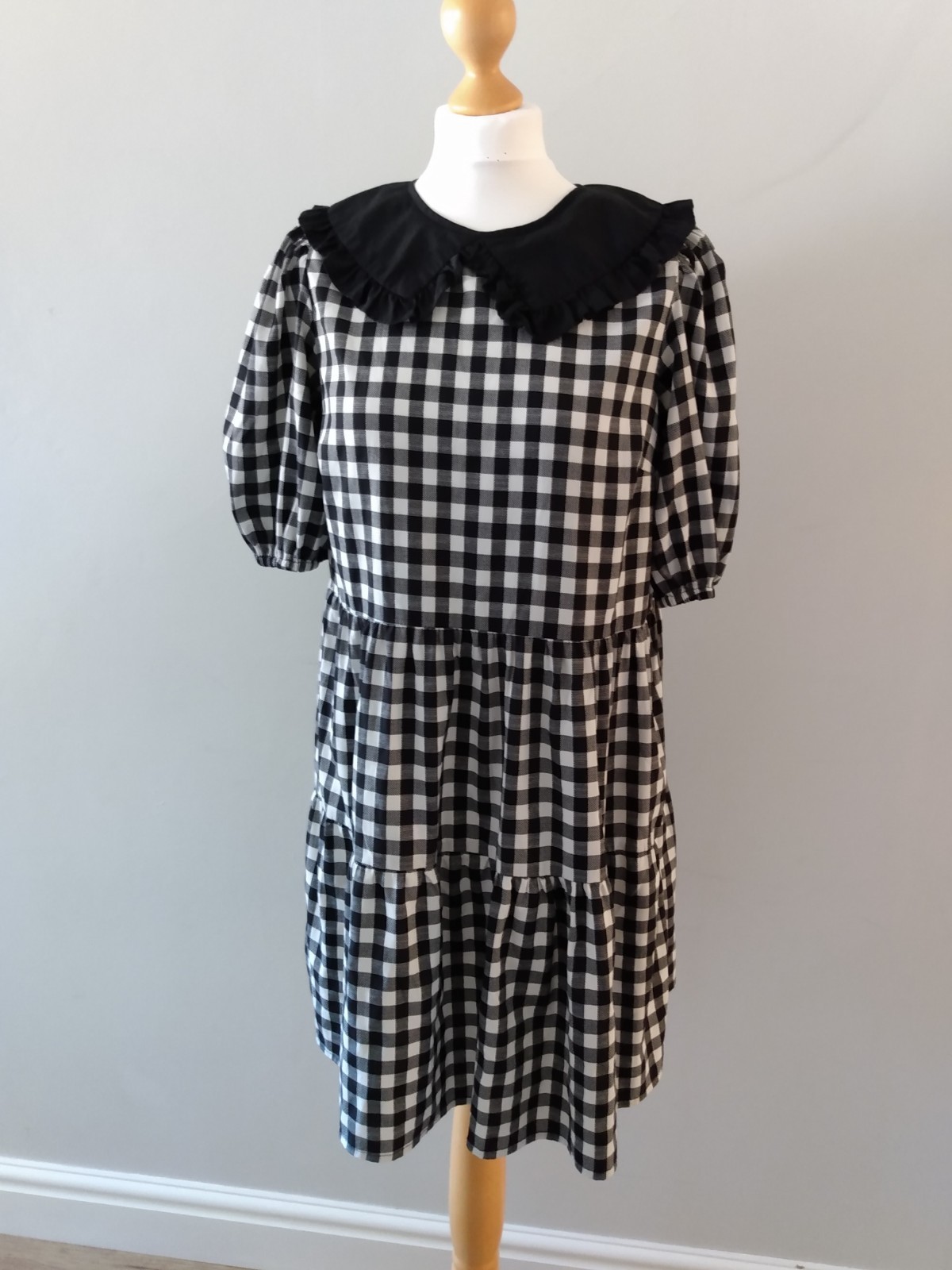 Black White Check Dress Gingham Pan Collar Cute Thin Lightweight Alt Grunge 12
