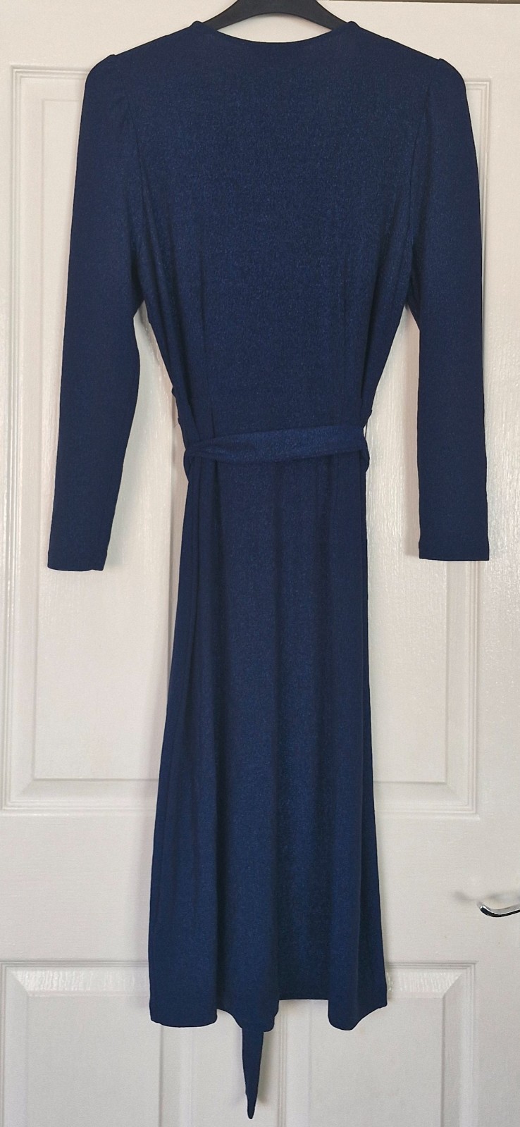 Marks And Spencer Sparkly Midi Dress Size UK 12 Navy Blue Stretch With Belt
