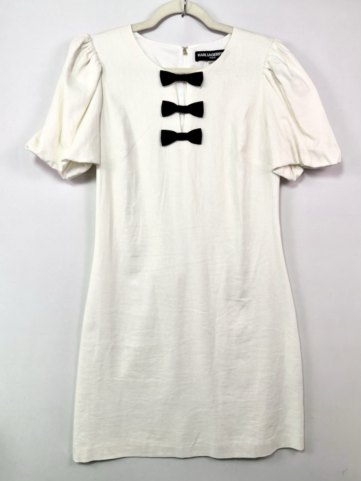Karl Lagerfeld Paris Bow Front Linen Blend Puff Sleeve Shift Dress 8