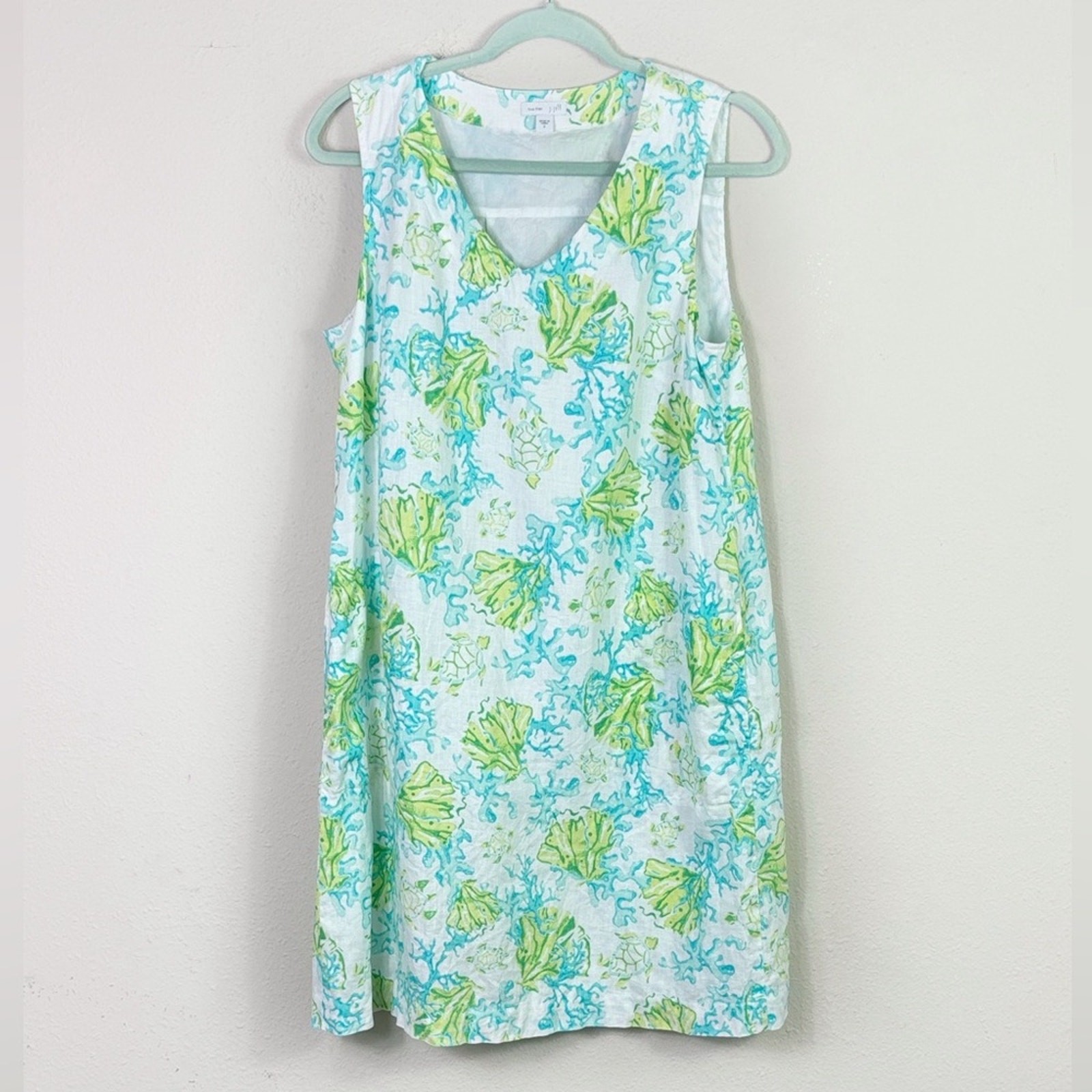 J. Jill 100% Linen Nautical Coastal Dress Sleeveless Lined White Blue Green sz S