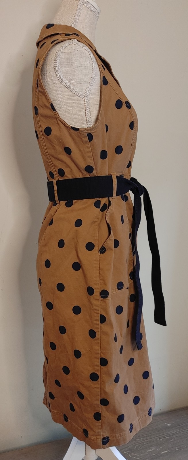 Boden Khaki Tan Navy Blue Polka Dot Sheath Edith Dress sz 8P Stretch Cinch Belt