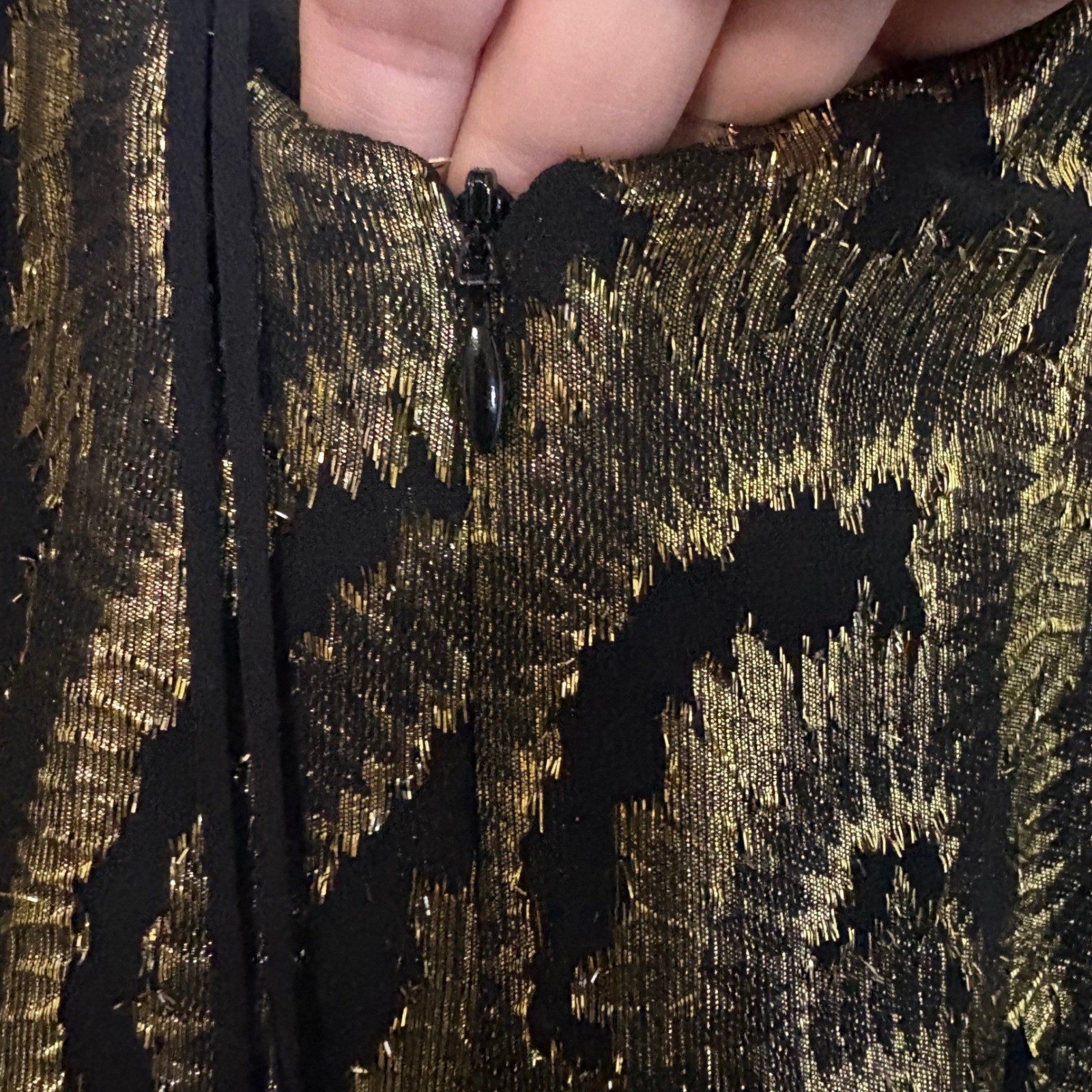 Milly New York Black Gold Metallic Silk Long Sleeve Dress with Tie Back Size 6