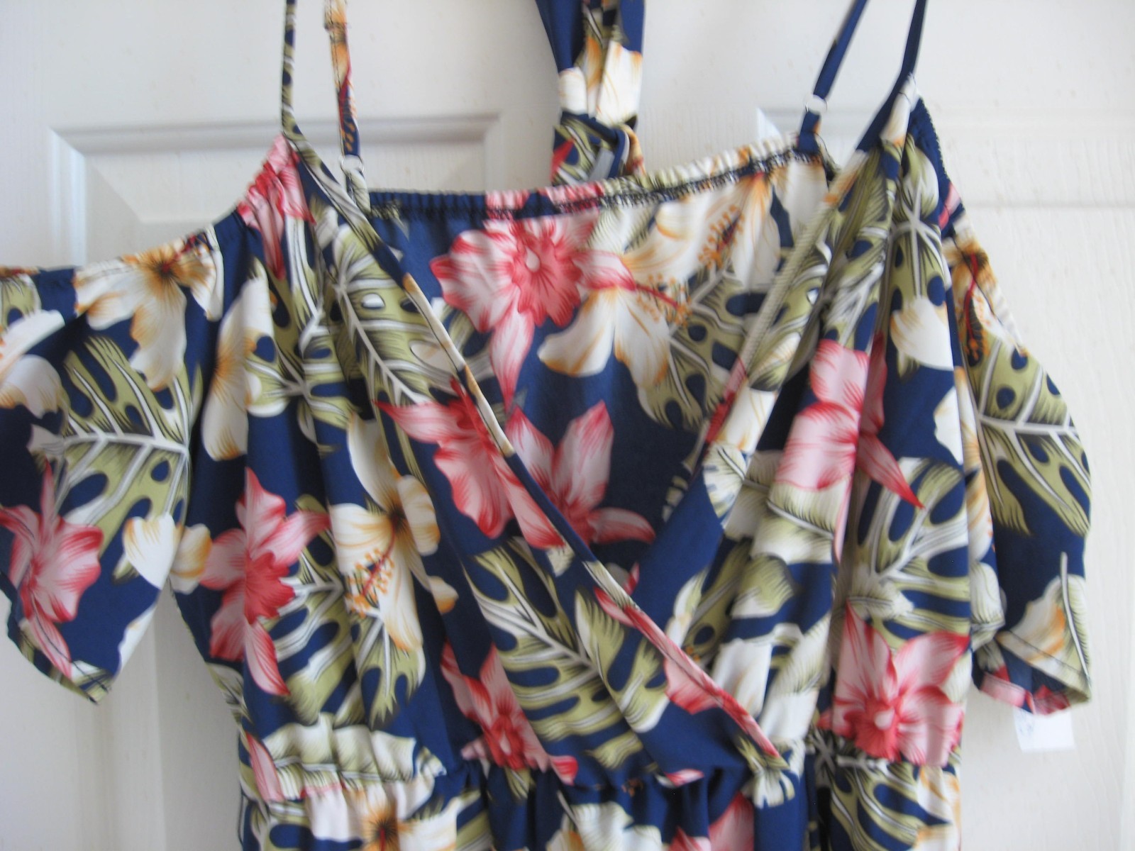 Navy Pink & White Hawaiian Print Cold Shoulder Maxi Dress – Size L