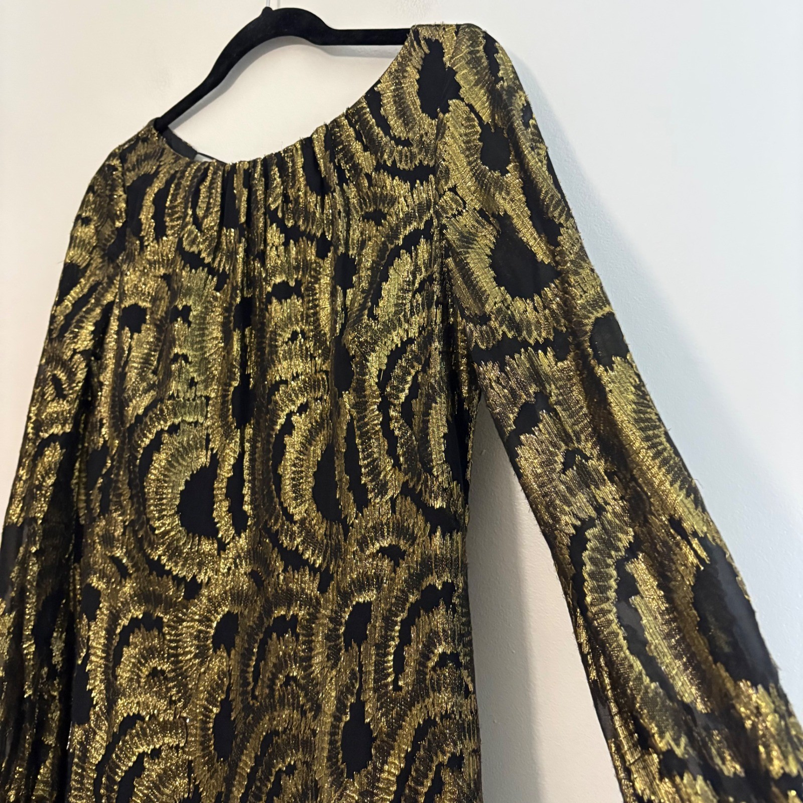 Milly New York Black Gold Metallic Silk Long Sleeve Dress with Tie Back Size 6