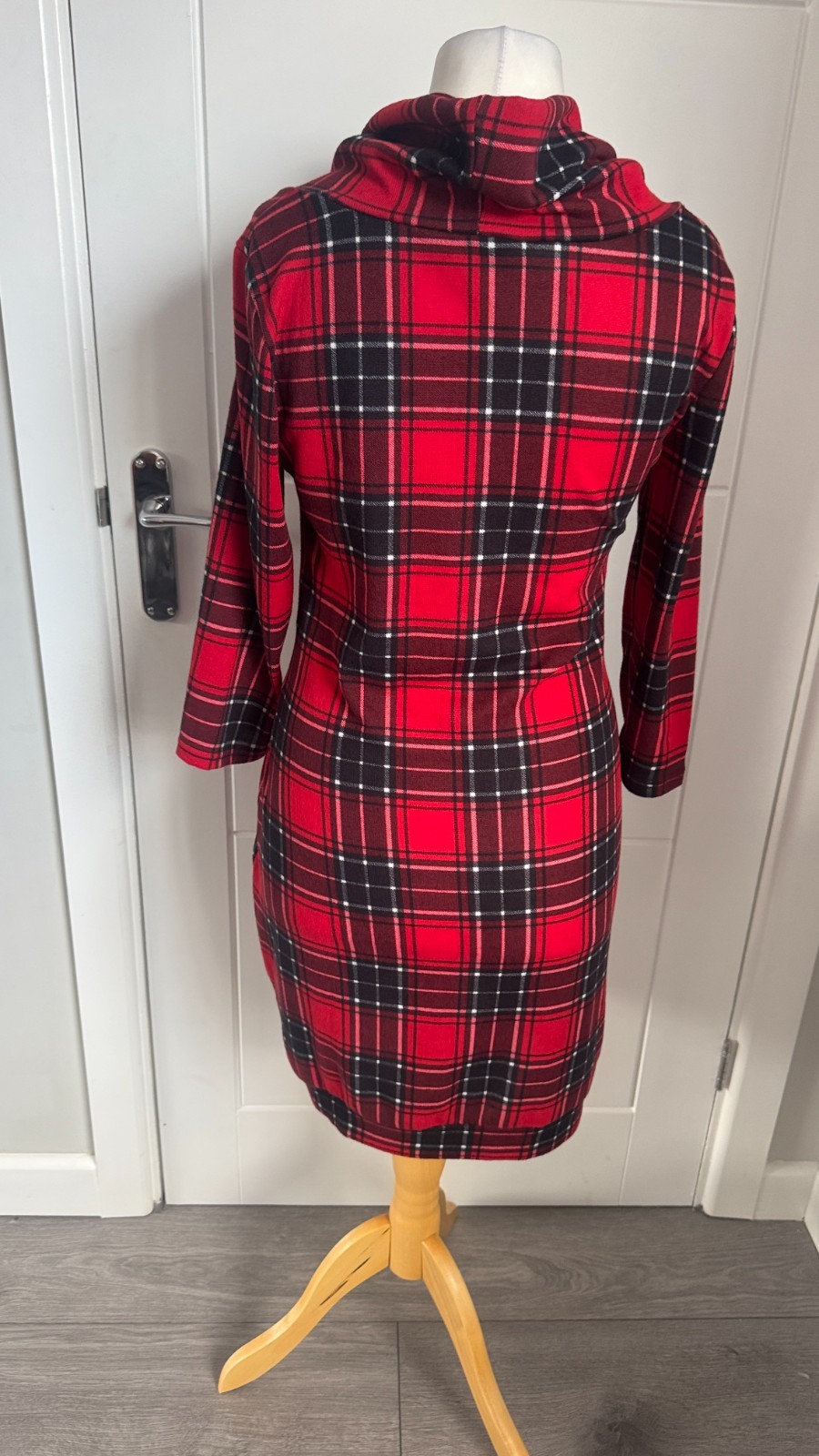 Apricot Red Black Tartan Check Cowl Neck Knit Jumper Dress M UK 12 B21