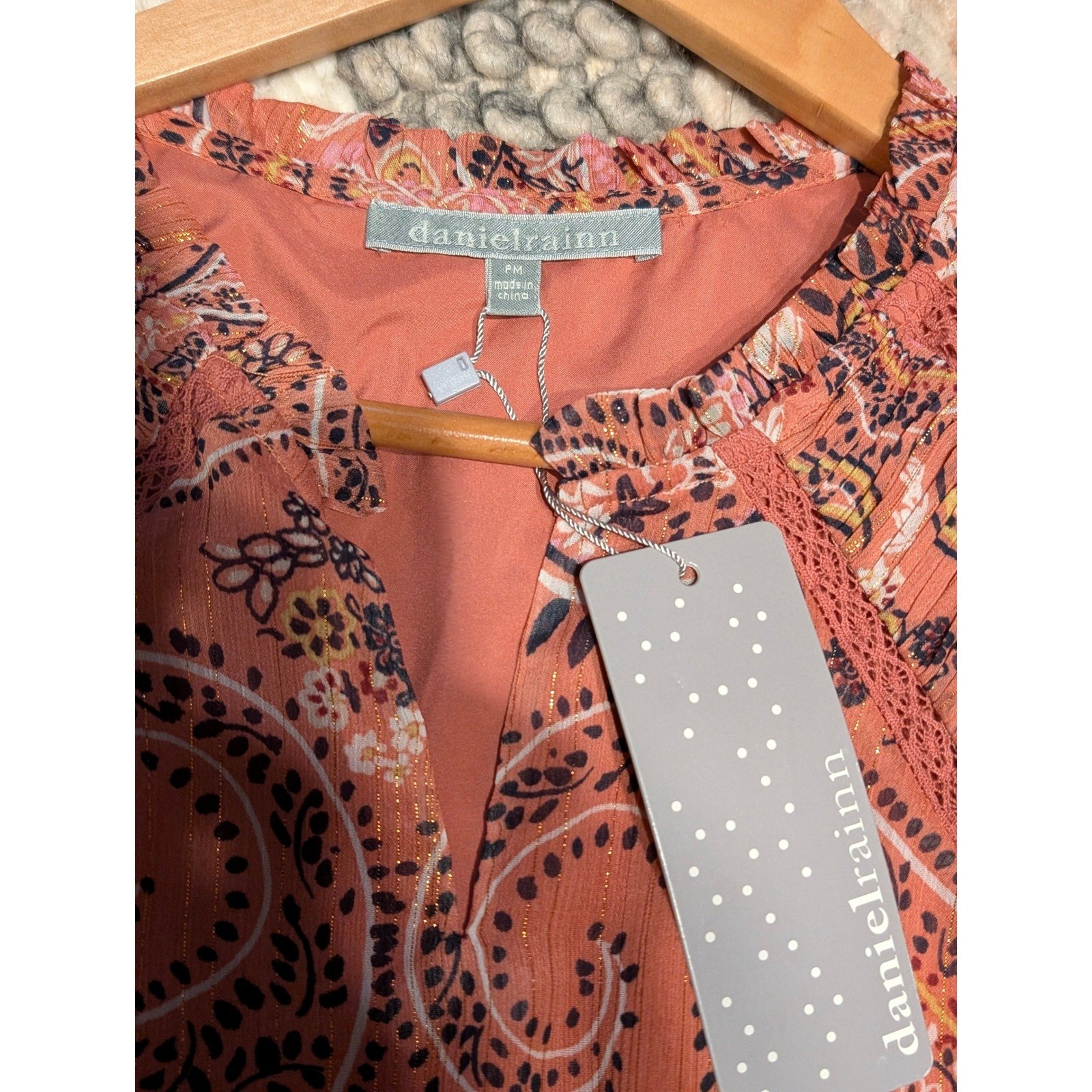 NWT Daniel Rainn Coral Paisley Metallic Lurex Flutter Sleeve Mini Dress P Medium