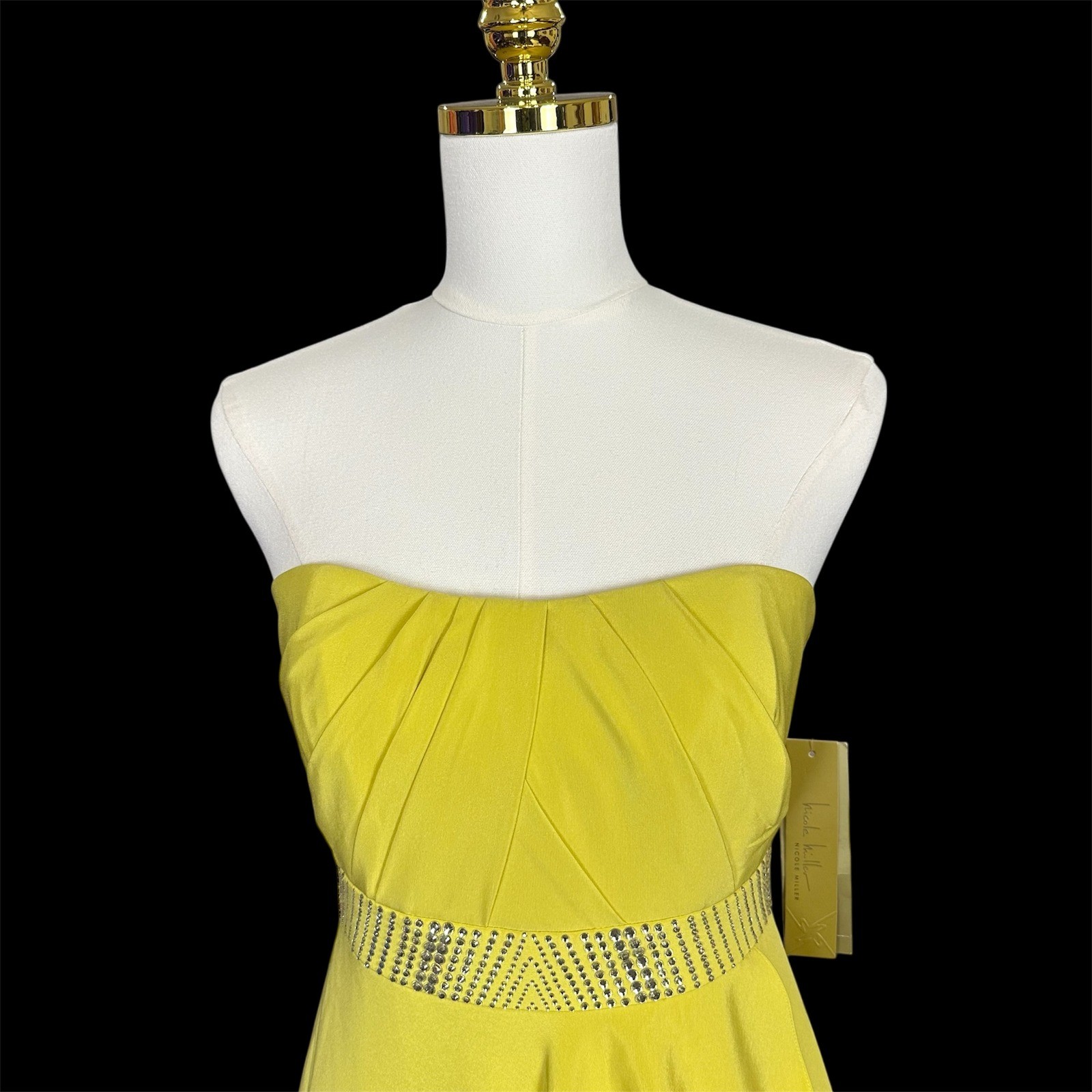 Nicole Miller Yellow Strapless Embellished Waist Ruffle Evening Gown Maxi Dress