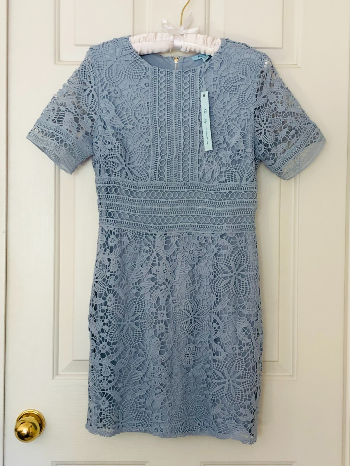 She + Sky Women Crochet Lace Lined Dress, Short Sleeve, Size S, Light Blue