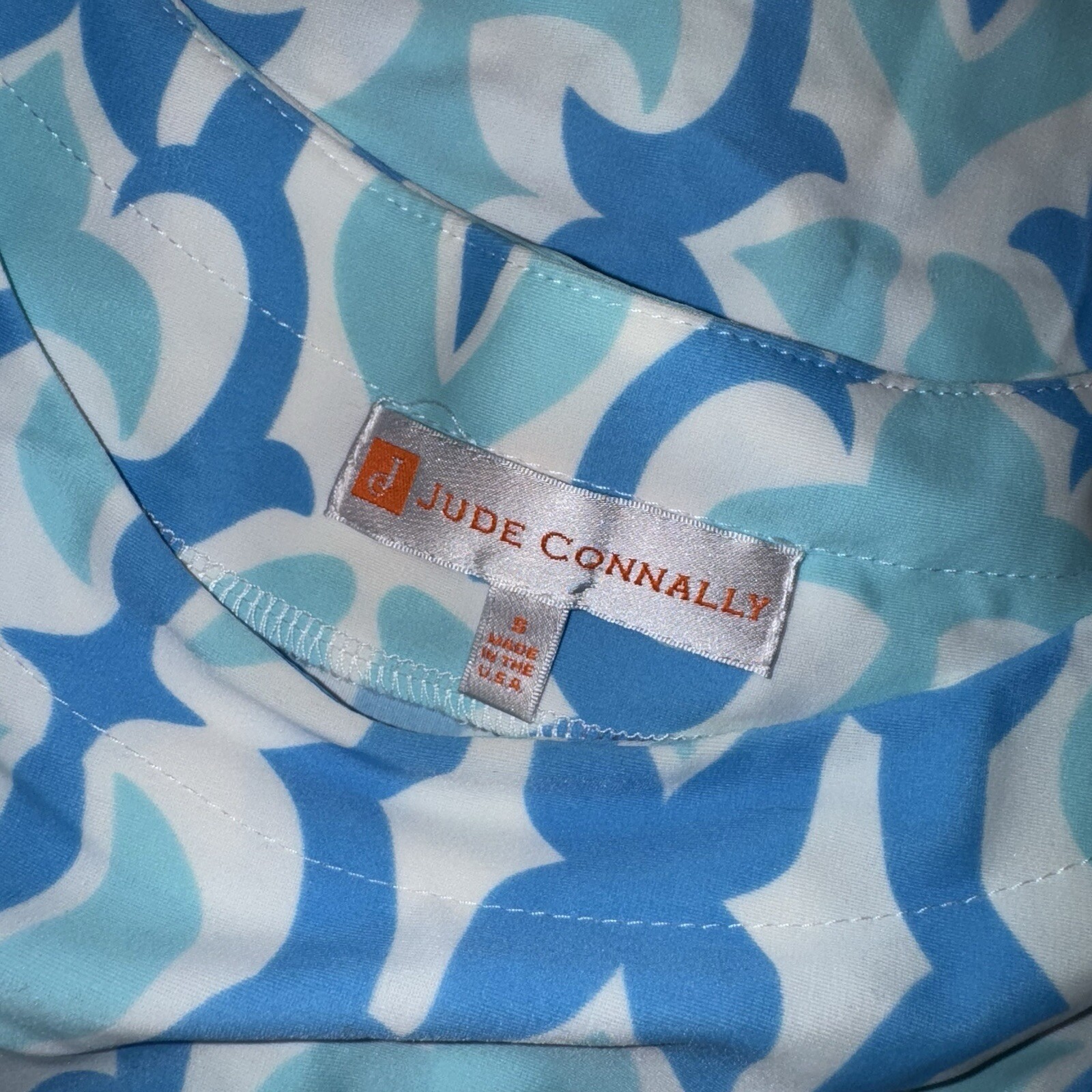 Jude Connally Dress Womens Size Small Blue White Stretch Short Sleeve Geometric