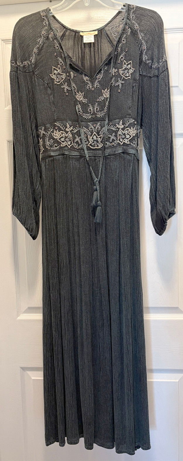Sweet Magnolia Embellished Boho Prairie Beaded Blue Gray Maxi Dress L